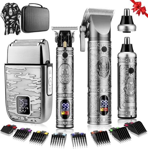QREEYX Cortadora de pelo para hombre, recortadora de pelo en T, recortadora de pelo de nariz, juego de afeitadora eléctrica profesional 4 en 1 para