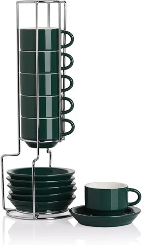 Miniatura 23 de Sweejar - Tazas de café de porcelana con platillos, tazas de capuchino apilables de 4 onzas con soporte de metal para bebidas de café, café