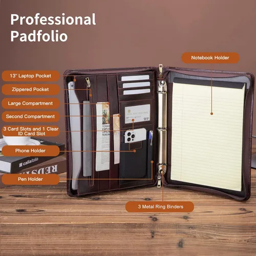 Miniatura 8 de Portafolio de cuero genuino con encuadernador de 3 anillas, portafolio de cuero de grano completo con cremallera, organizador de carpeta profesional