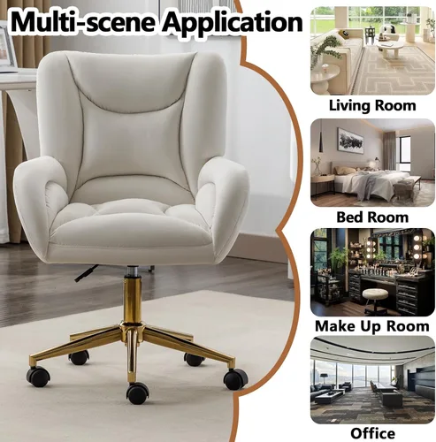Miniatura 7 de Bonita silla de tocador con respaldo para dormitorio, silla de oficina de terciopelo blanco, cómoda para oficina, altura ajustable, giratoria de 360