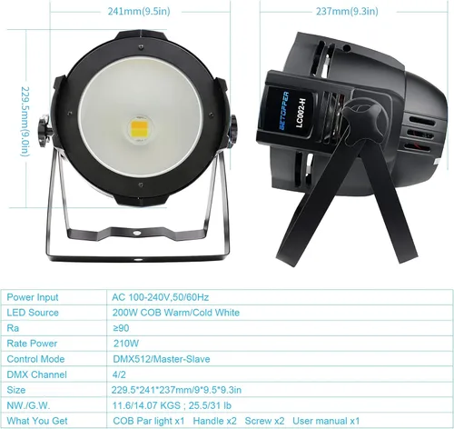 Miniatura 8 de BETOPPER Luces de escenario, focos LED COB de 200 W, luz par LED blanca cálida y fría, luces DMX/maestro-esclavo, iluminación de foco/Fresnel