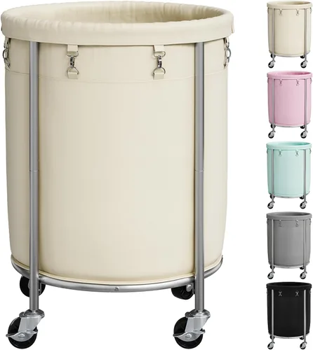 Miniatura 13 de ELYKEN Cesta de lavandería con ruedas, cesta de lavandería rodante de 170L con bolsa extraíble y marco de acero, carrito de lavandería redondo con 4