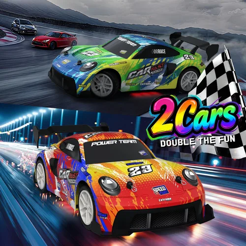 Miniatura 2 de Paquete de 2 autos RC para niños y niñas, 4-7-8-12, auto de control remoto, luces LED, autos de carreras 4WD, doble jugador de 2.4 GHz, diseños