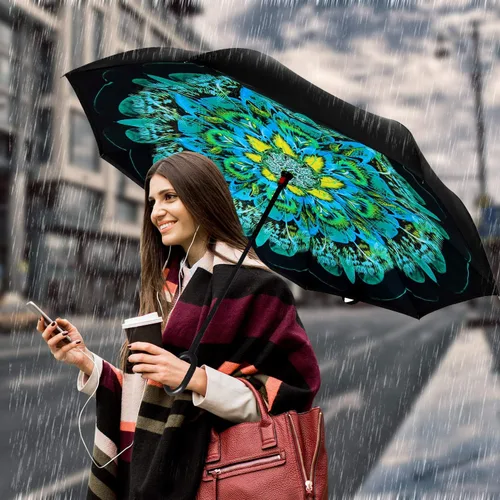 Miniatura 13 de Owen Kyne - Paraguas reversible y plegable de doble capa a prueba de viento, con soporte propio de diseño invertido, protección contra la lluvia