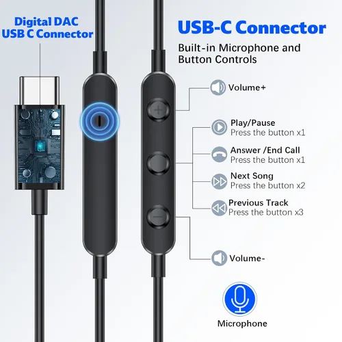 Miniatura 6 de Auriculares USB C con cable para iPhone 17 16 Pro Max 15 para Samsung S26 Ultra S25 S24 FE S23, auriculares tipo C, auriculares estéreo con cable