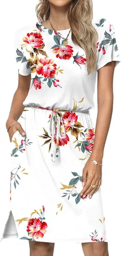 Miniatura 2 de JeashCHAT Womens Summer Mini Dresses Floral Printed Short Sleeve Sundress Casual Beach Dresses with Pockets