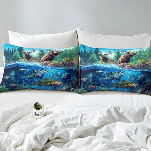 Miniatura 5 de Juego de sábanas bajeras de alce salvaje, tamaño individual, juego de ropa de cama rústica de pino de pesca con peces de Basa, decoración