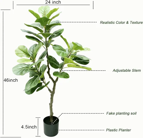 Miniatura 5 de Árbol de higuera artificial de hoja de violín de 46 pulgadas de alto, planta de ficus lyrata sintética con maceta, árbol falso realista