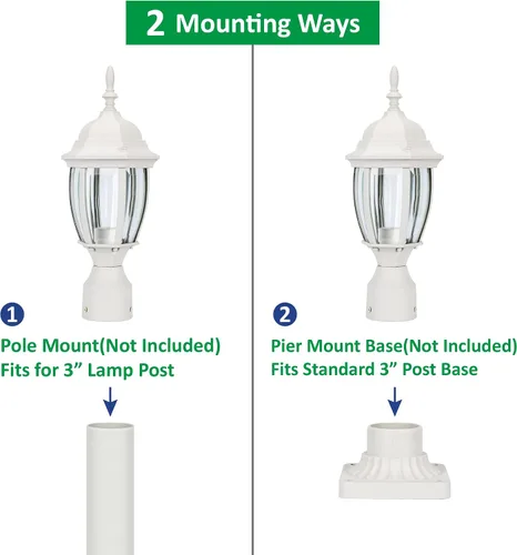 Miniatura 3 de LIT-PaTH Farol de poste de iluminación para exteriores, base mediana E26 máx. 60 W, carcasa de aluminio más vidrio, acabado blanco mate, paquete de 1