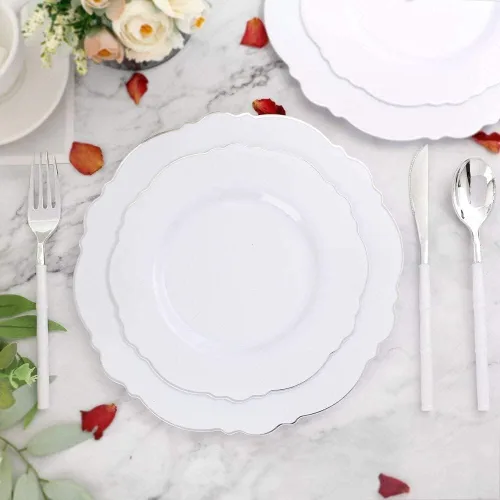 Miniatura 2 de WDF 100 platos de plástico plateado, diseño barroco de alta gama, platos blancos y plateados resistentes para fiestas de Navidad y bodas de lujo