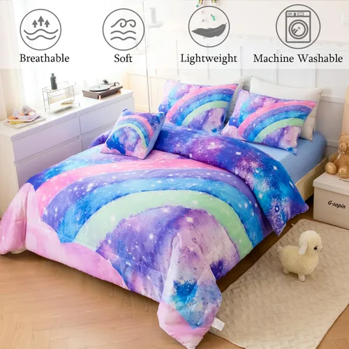 Miniatura 3 de ANGIYUIN Juego de Edredón Tie Dye Arcoíris Azul Tamaño Queen 6 Piezas Degradado con Purpurina Cama en una Bolsa para Niñas Juego de Ropa de Cama Tie