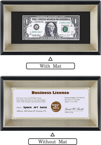 Miniatura 5 de Marco de billetes de dólar de 4 x 9 con paspartú, soporte de caballete para colgar de mesa o anillo en D, montaje en pared (negro/plateado, 1 unidad)