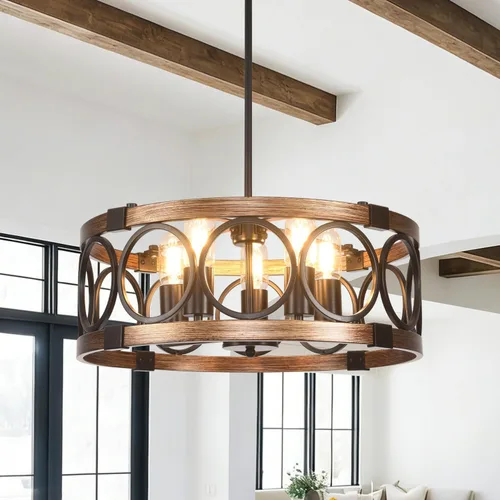 Miniatura 10 de Lámpara de techo para montaje semiempotrado de 3 luces, lámpara de comedor negra de 15.7 pulgadas, lámpara colgante de tambor rústico con acabado