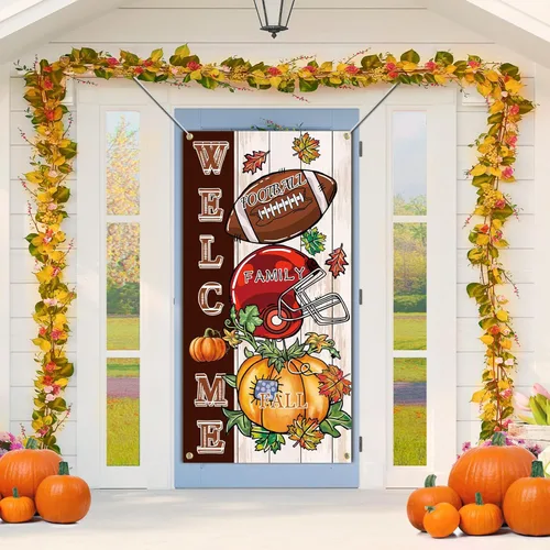 Miniatura 8 de SENSEVEN Cartel de puerta con texto en inglés "Happy Fall Y'all", cartel grande de bienvenida para el porche de Acción de Gracias, decoración