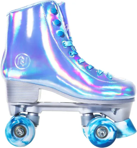 Miniatura 8 de JajaHoho Patines de ruedas para mujer, patines de cuero sintético holográfico azul Very Peri de caña alta, patines cuádruples brillantes de doble