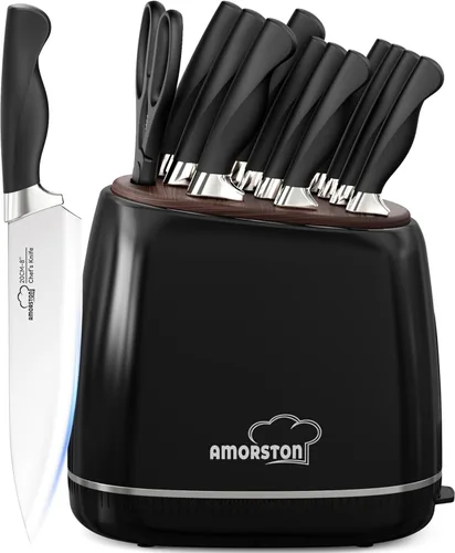 Amorston - Juego de cuchillos de cocina de 14 piezas con bloque y piedra de afilar, acero inoxidable apto para lavavajillas, juego de bloques de