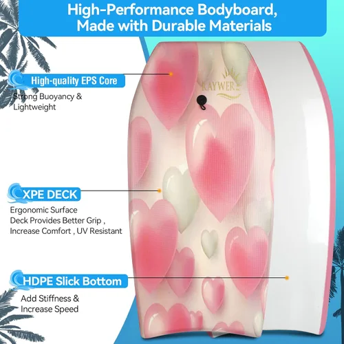 Miniatura 2 de Tabla de Bodyboard ligera con núcleo EPS, base lisa de HDPE, amarradera y muñequera ajustable, excelente para surfear para niños y adultos Rosado