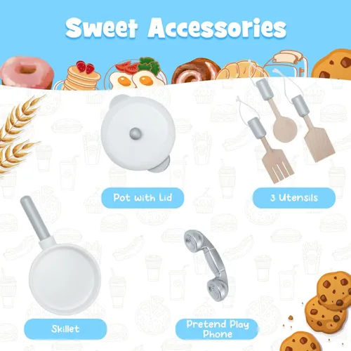 Miniatura 4 de KOTEK Juego de cocina de madera para niños pequeños con dispensador de agua y estufas/luces y sonidos, microondas, horno, teléfono y utensilios