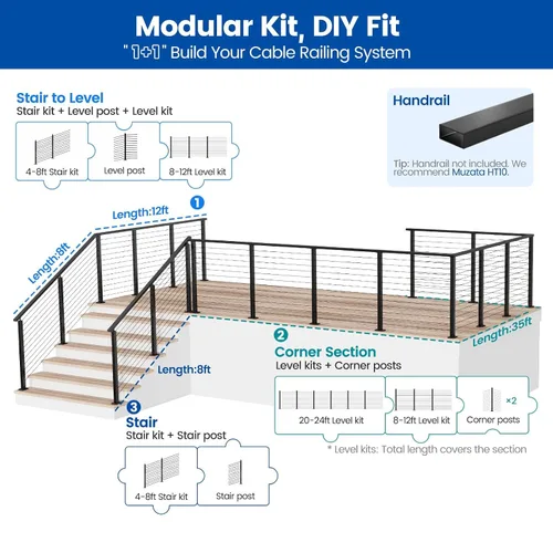 Miniatura 3 de Muzata Kit de barandilla de cable modular negro de 4 a 8 pies, kit de postes de 42 pulgadas, juego completo de sistema de barandilla de cable