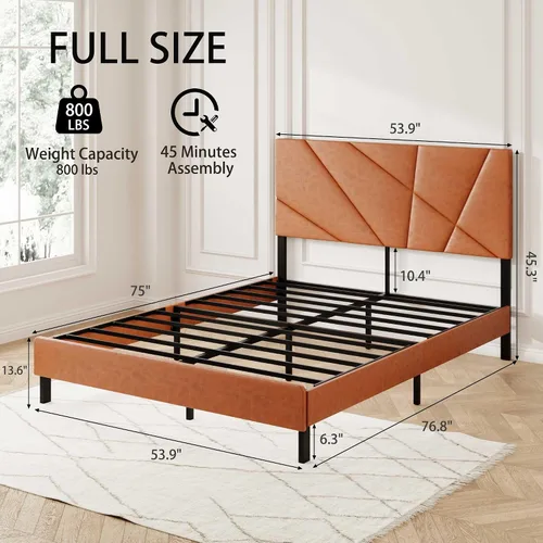 Miniatura 2 de Estructura de cama con plataforma tapizada de tamaño completo con cabecera acolchada de piel sintética, soporte de listones de metal resistente,