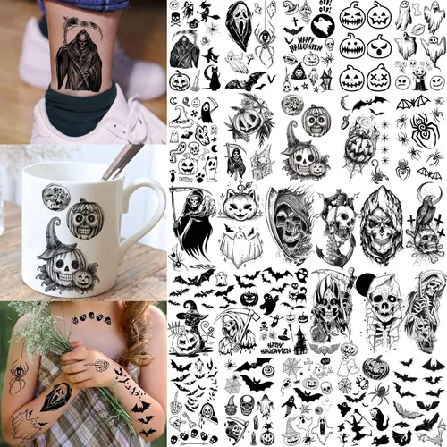 Miniatura 3 de 52 hojas de tatuajes temporales de Halloween para niños, niñas, mujeres, hombres, adultos, 3D de cara aterradora, calavera, tatuajes falsos