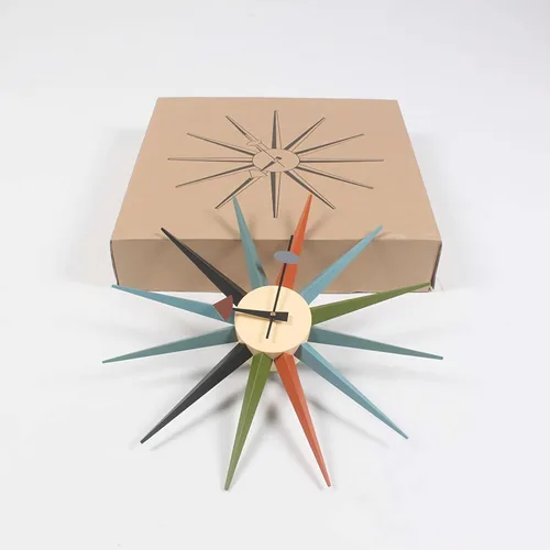 Miniatura 7 de SHISEDECO Reloj moderno con forma de explosión de sol en multicolor, sin tictac, de madera, diseño retro de mediados de siglo, reloj de cuarzo
