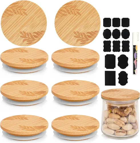 Miniatura 10 de Oui Yogurt - Juego de tapas para tarros de madera con anillos de sellado de silicona, paquete de 8 unidades para almacenamiento de vidrio