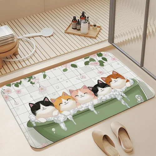 Alfombras de baño de diatomáceas, bonita decoración de baño de gatos, alfombra de baño antideslizante con flores rosadas, de secado rápido, fácil de