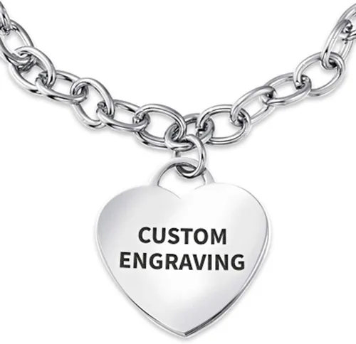 Cadena de eslabones personalizable, diseño de alerta médica, color rojo, con forma de corazón, grabada, para mujeres, adolescentes, tono plateado,