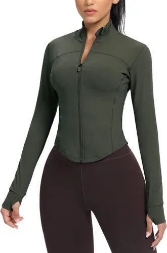 Miniatura 115 de AVGO Chaquetas de entrenamiento recortadas para mujer, con cremallera, ajustadas, atléticas, con agujeros para el pulgar