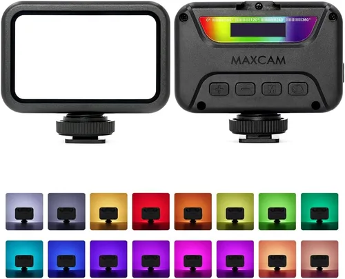 MAXCAM Luz de video colorida RGB en la cámara, 0-360 grados a todo color, opciones de temperatura de color 2500K - 9000K, lámpara de atmósfera