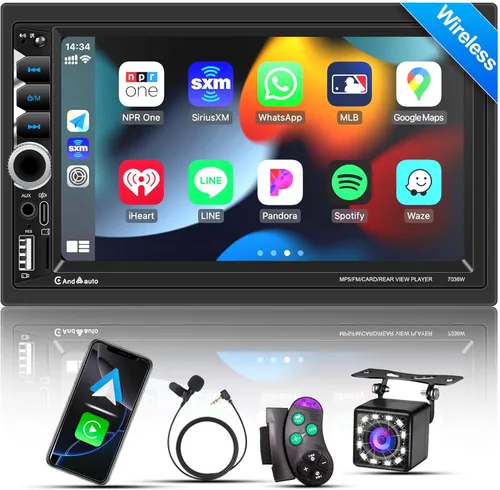 Apple CarPlay doble Din inalámbrico, 7 pulgadas Bluetooth 5.2, radio de coche FM, IPS 1024 x 600 pantalla táctil estéreo de coche, cámara de