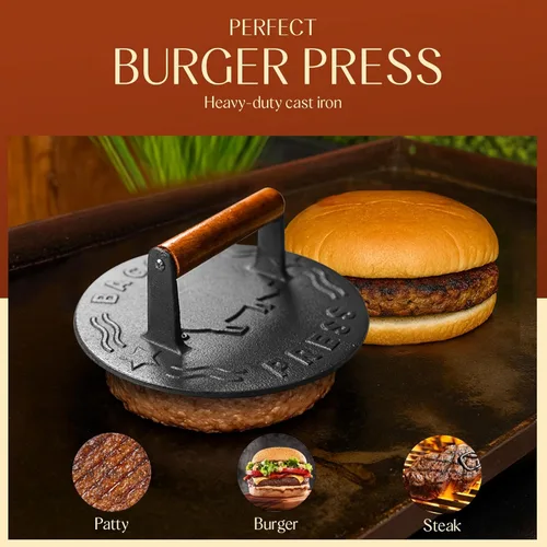 Miniatura 4 de Prensa de hamburguesas de hierro fundido resistente de 8.5 pulgadas, prensa redonda para hamburguesas, prensa para parrilla para cocinar