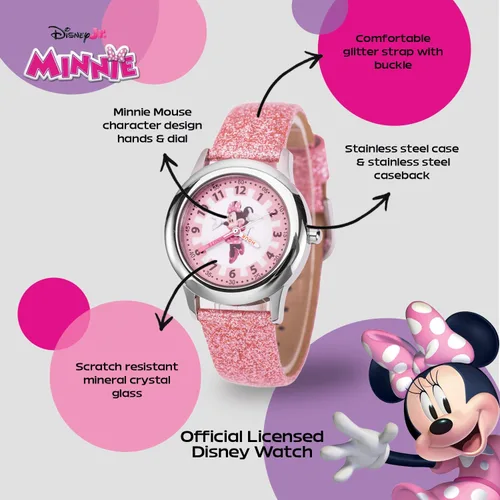 Miniatura 8 de Disney Minnie Mouse Watch for Girls – Cute Minnie Watch for Kids 3-5 with Stainless Steel Bezel & Pink Leather Strap – Adorable Mouse Watches