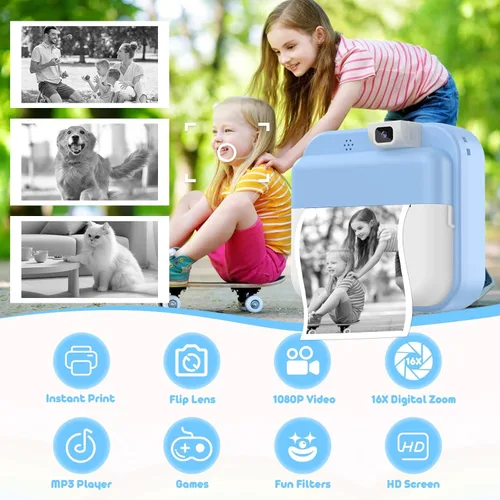 Miniatura 2 de Cámara para niños con impresión instantánea: cámara digital con lente abatible, regalo de cumpleaños para niños y niñas, fotos de impresión Azul