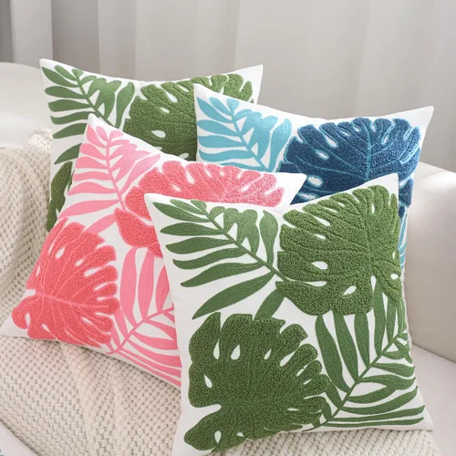 Miniatura 8 de Fundas de almohada bordadas de 18 x 18 pulgadas, paquete de 2 fundas de almohada azules botánicas tropicales con hojas tropicales, fundas de cojín