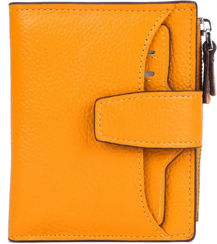 Miniatura 7 de Cartera de cuero con bloqueo RFID para mujer, pequeña, compacta, doble cremallera, con ventana para identificación