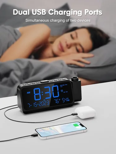 Miniatura 7 de ROCAM Reloj despertador de proyección para techo de dormitorio, reloj digital con proyector de 180° con atenuador de 5 niveles, alarma fuerte dual