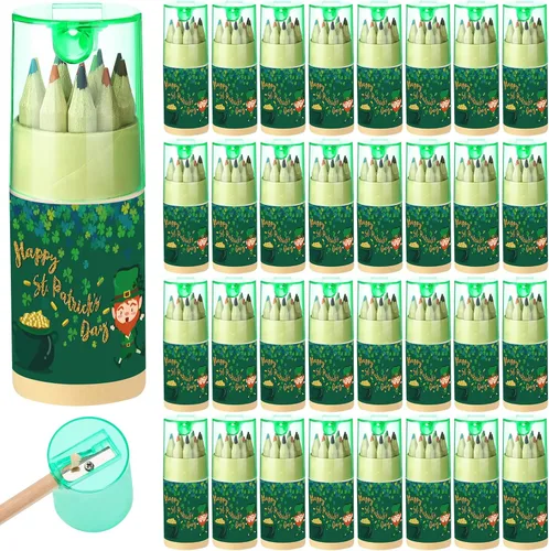 Fumete Paquete de 32 mini lápices de colores del día de San Patricio, lápiz para colorear a granel con sacapuntas en tubo de dibujo, lápices de
