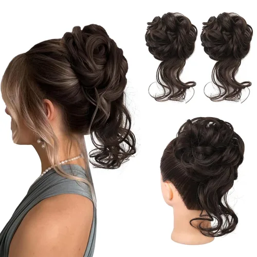 Miniatura 10 de HOOJIH 2 piezas de moño despeinado, recogido despeinado con mechones, extensiones de moño de cabello ondulado rizado, envoltorio de cabello, cola