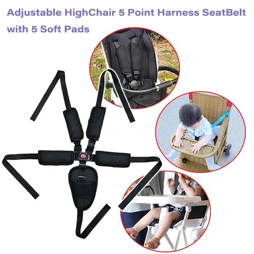 Miniatura 6 de Correas de asiento universales de 5 puntos, cinturón de arnés ajustable para silla alta, cinturón de arnés con 4 almohadillas para los hombros