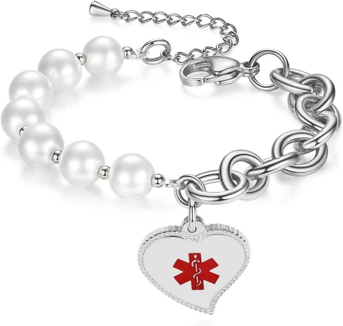 Miniatura 12 de mnmoom Elegant Medical Alert Bracelets for Women with heart medical id charm has Custom Engraved