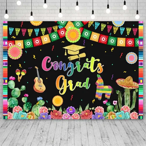 Miniatura 2 de Telón de fondo mexicano de 7 x 5 pies, decoración de fiesta de graduación mexicana 2022, abanicos de papel, flores, fotografía, fondo de tela
