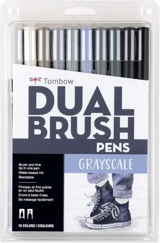 Tombow 56171 Marcadores artísticos de doble pincel, escala de grises, paquete de 10. Marcadores mezclables, con pincel y punta fina