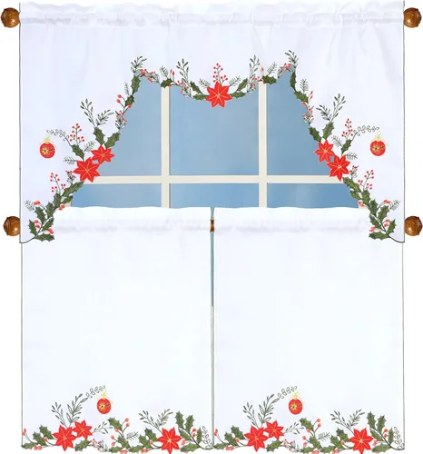 Juego de cortinas para ventana de cocina con bolsillo de varilla bordadas para las vacaciones de Navidad (Poinsettia B)