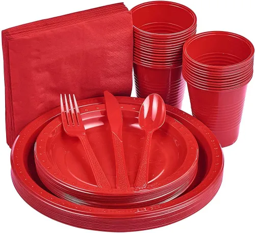 Miniatura 8 de FULING Juego de vajilla desechable de 175 piezas de suministros transparentes para fiestas, platos de plástico y servilletas de papel, tazas