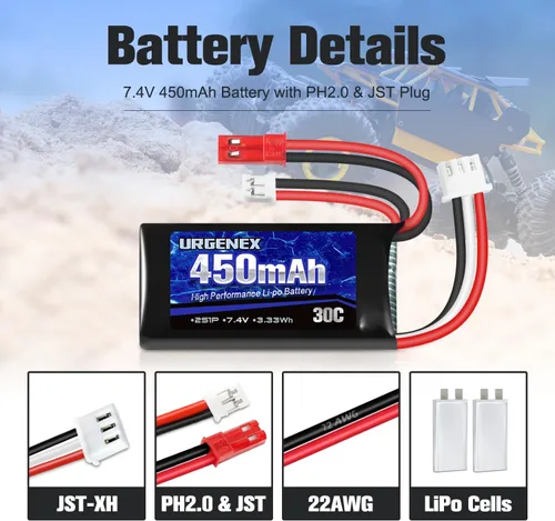 Miniatura 3 de 7.4V Lipo 2S 30C 450mAh Batería recargable Lipo con enchufe JST y PH2.0 SCX24 con cargador USB 1 a 2 Compatible con la mayoría de vehículos RC