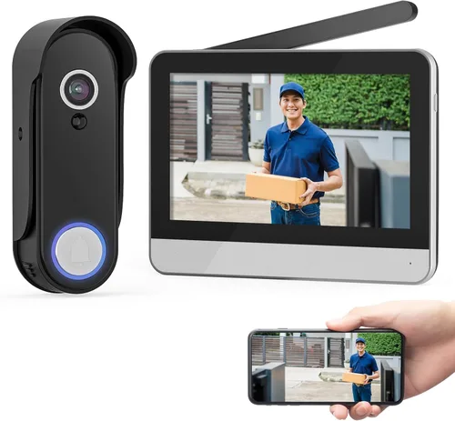 Sistema de timbre de video inteligente inalámbrico, pantalla táctil de 7 pulgadas, cámara de timbre de video 1080P con detección de movimiento, Negro