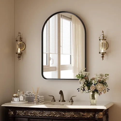 Miniatura 21 de Espejo de Baño con Arco, Espejo de Baño Arqueado de 20x30 pulgadas/Espejo de Tocador Montado en la Pared - Espejo de Pared con Marco de Metal Negro