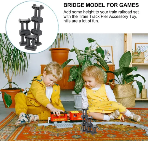 Miniatura 9 de Zerodeko Muelle de puente de tren de simulación de 6 piezas, soportes apilables para trenes de madera, accesorios ferroviarios para montantes